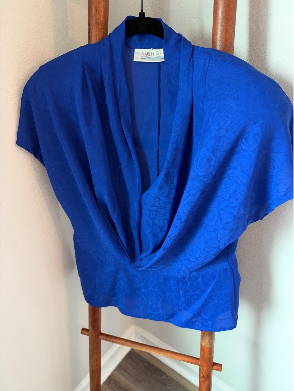 Vintage Karen Scott Cobalt Blue Floral Jacquard Draped Blouse Top Size 12